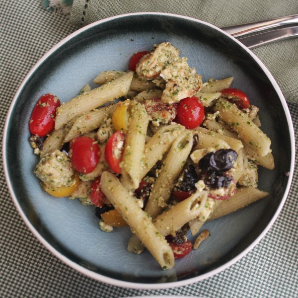 Pasta Salad with Arugula Pesto, Grilled Chicken Breasts, and Feta